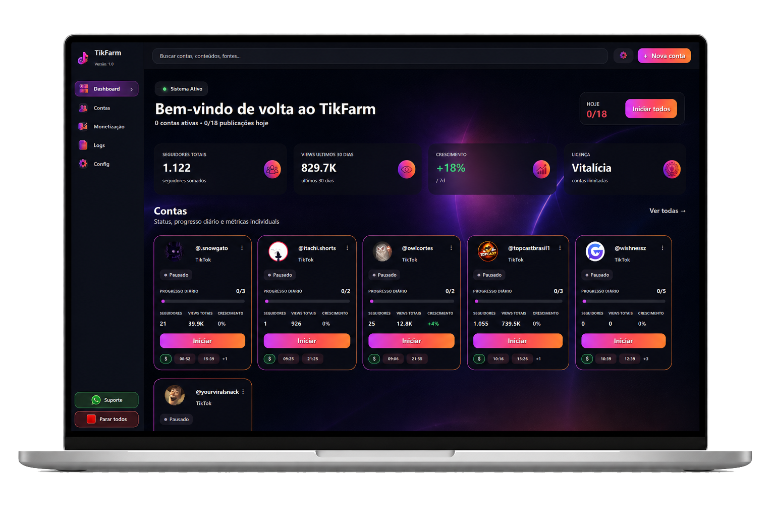 TikFarm dashboard exibido em um notebook